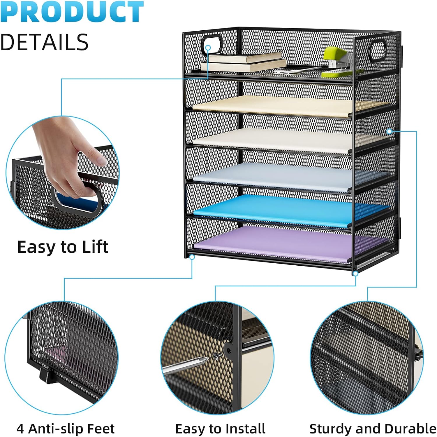 Marbrasse 6 Tier Paper Organizer Letter Tray - Mesh Desk File Organizer with Handle, Paper Sorter Organizer for Letter/A4 Office File Folder Holder - Black