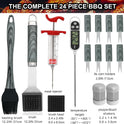 grilljoy 24PCS BBQ Grill Tools Set with Meat Thermometer and Injector - Extra Thick Stainless Steel Fork, Spatula& Tongs - Complete BBQ Accessories in Aluminum Case - Perfect Grill Gifts for Men Grey