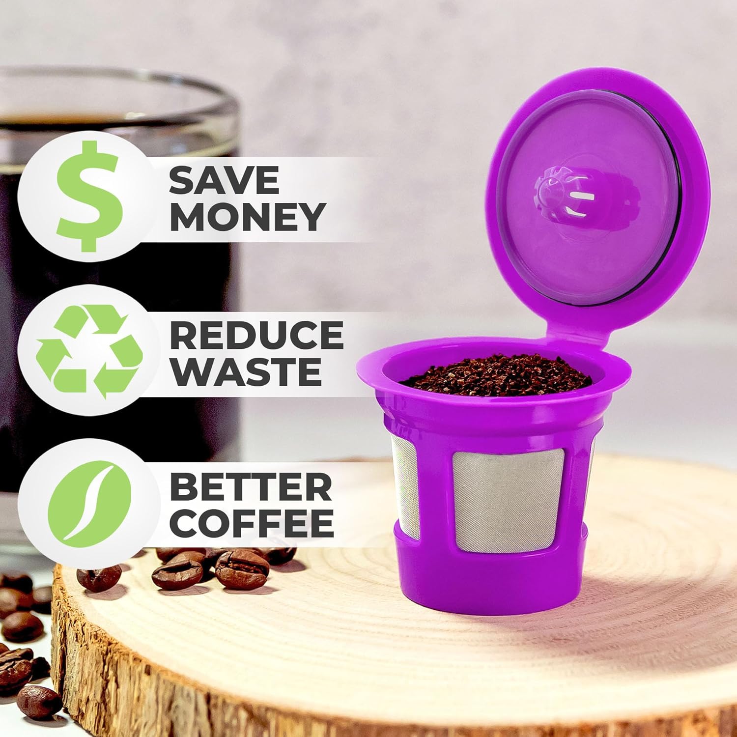 Perfect Pod 1-Stream Cafe Save Reusable K Cup Pod Coffee Filters - Refillable Coffee Pod Capsules with Built-In, Integrated Mesh Strainer for use with Keurig & Select Single Cup Coffee Makers, 4-Pack