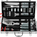 grilljoy 24PCS BBQ Grill Tools Set with Meat Thermometer and Injector - Extra Thick Stainless Steel Fork, Spatula& Tongs - Complete BBQ Accessories in Aluminum Case - Perfect Grill Gifts for Men Grey