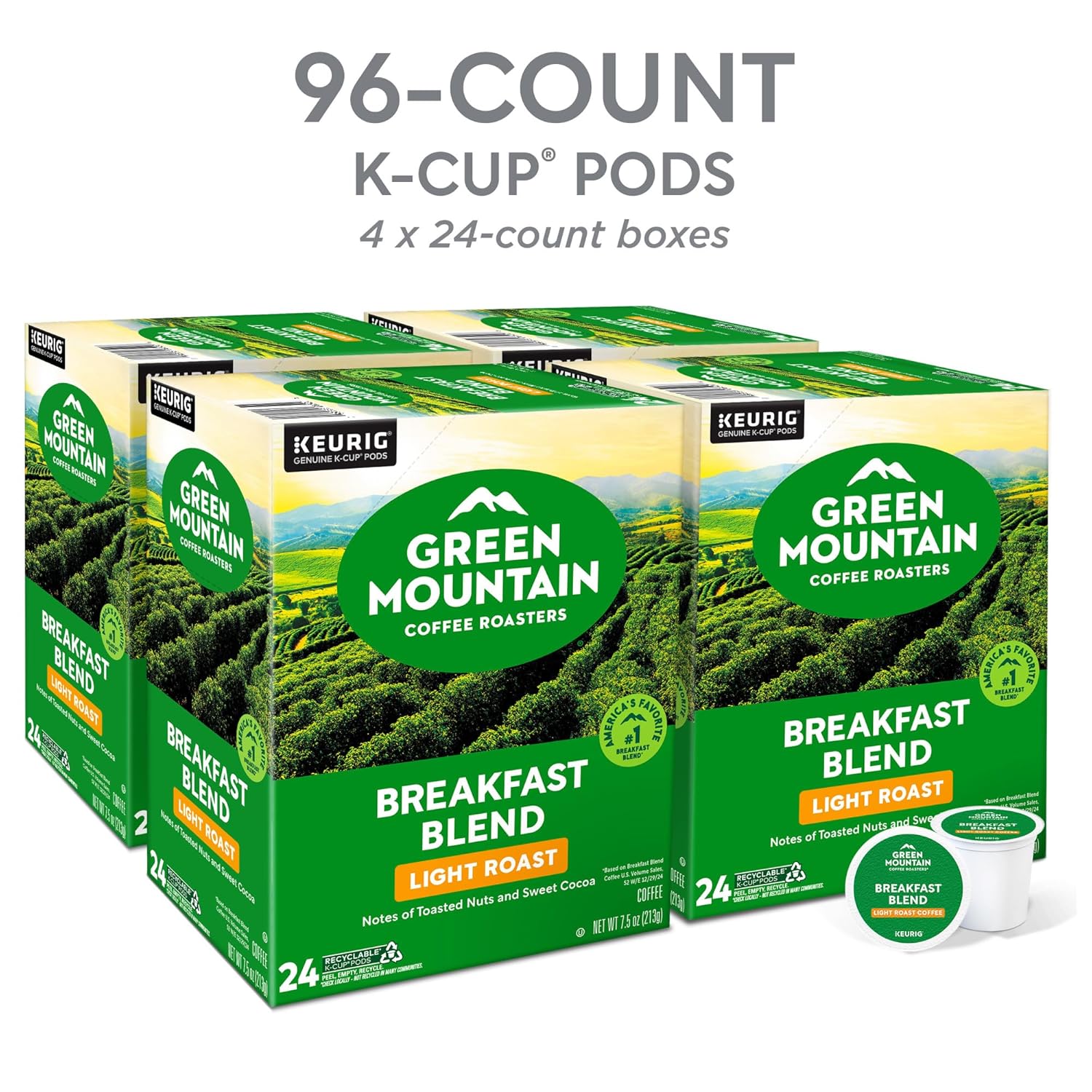 Green Mountain Coffee Roasters Breakfast Blend Single-Serve Keurig K-Cup Pods, Light Roast Coffee, 96 Count
