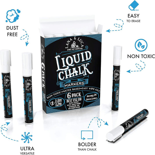 Liquid Chalk Marker Pen - White Dry Erase Marker - Chalkboard Signs, Windows, Blackboard, Glass (6 Pack) 3-6mm Reversible Tip, 3-3mm Fine Tip