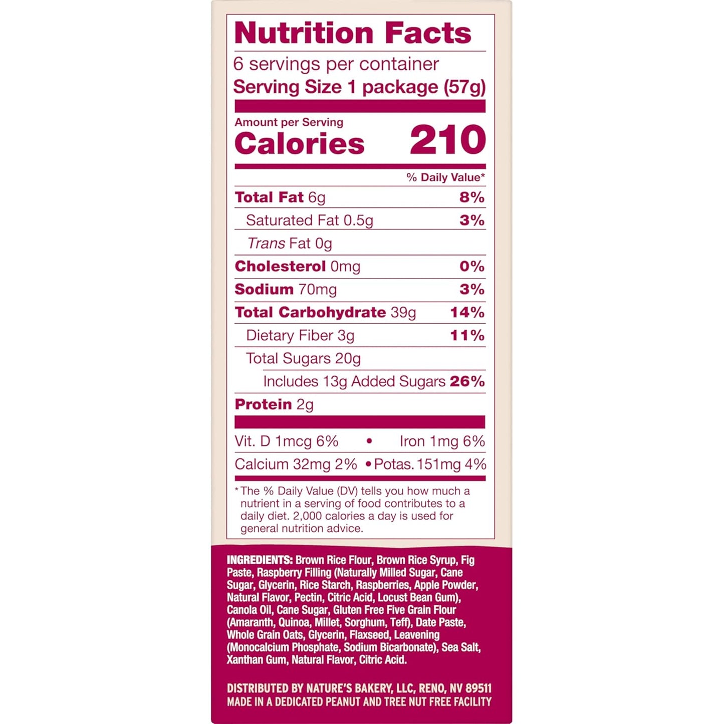 Nature’s Bakery Gluten Free Fig Bars, Raspberry, Real Fruit, Vegan, Non-GMO, Snack Bar, 1 box with 6 twin packs (6 twin packs)