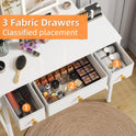 Small Makeup Vanity Desk 27.5''W with Mirror and Lights, Vanity Desk with 3 Fabric Drawers and Height-Adjustable Stand, Vanity Table for Girls Gifts, Bedroom and Small Spaces, White