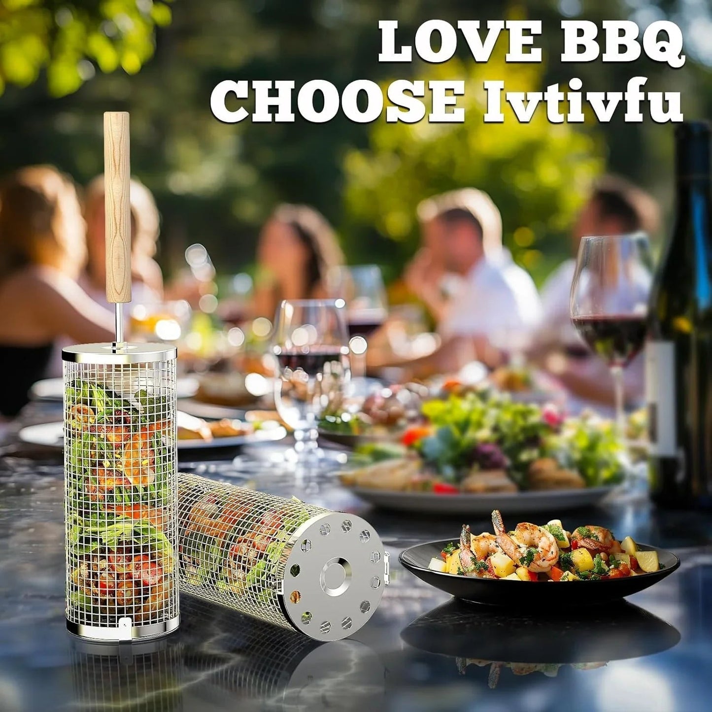 Nesting Grill Baskets (2PCS) with Removable Wooden Handle, Stainless Steel BBQ Tools