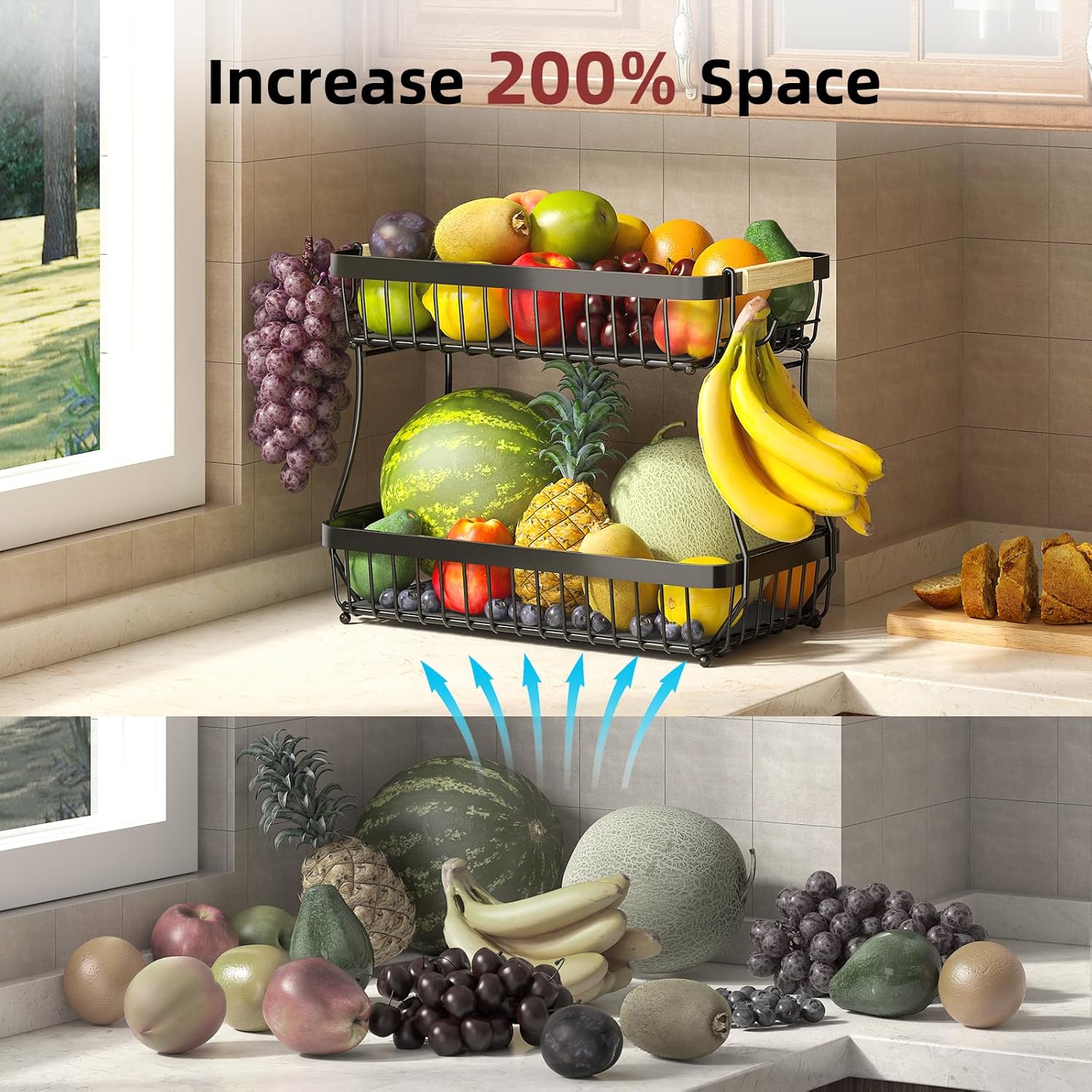 2 Tier Large Fruit Basket for Kitchen Counter with 2 Mobile Banana Hangers, 2025 Pro Detachable Metal Fruit Bowl with Wooden Handle (Black, 2 Tier)