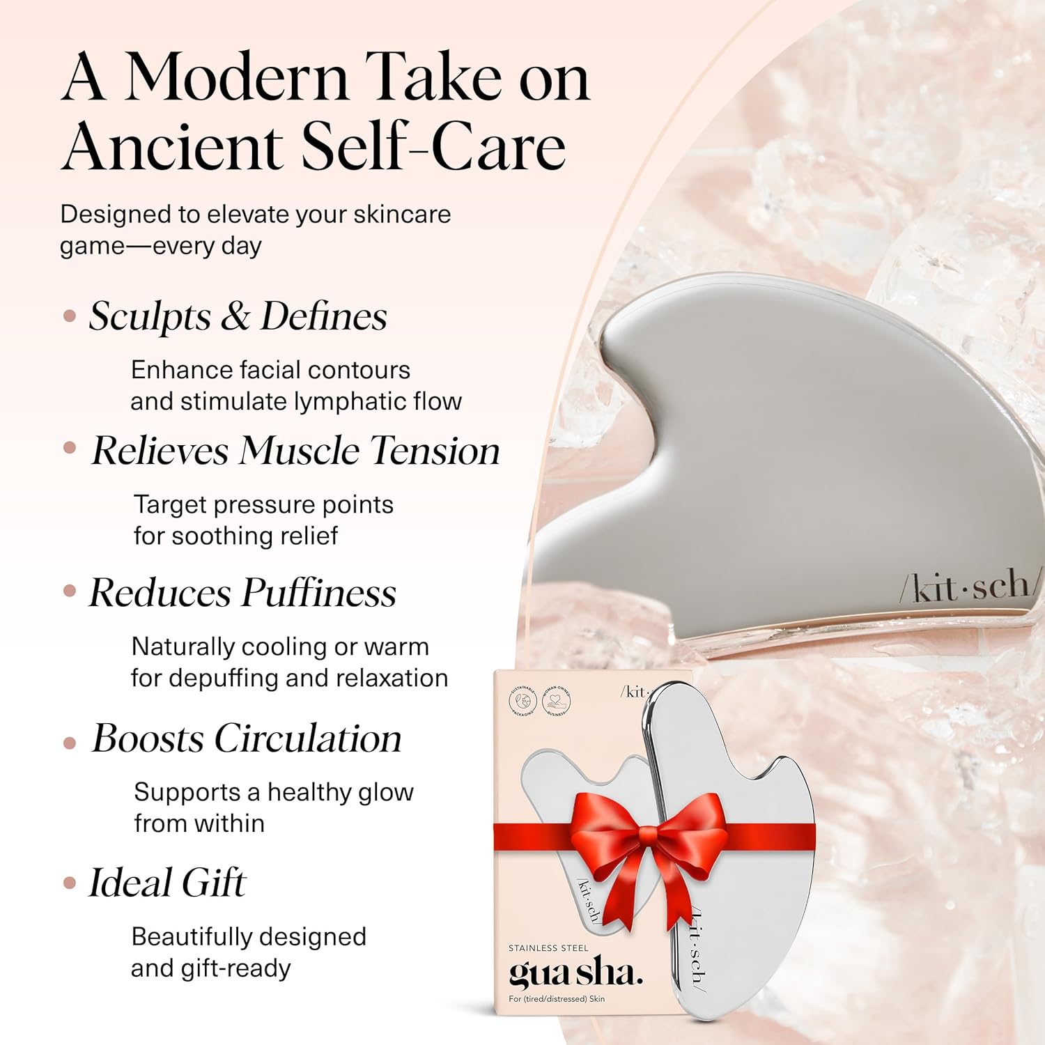 Kitsch Stainless Steel Gua Sha Facial Tools - Lymphatic Drainage Massager for Face & Chin, Jawline Shaper, Double Chin Reducer, Guasha Tool for Face Massager, Skin Care Tools Gifts for Women - Silver