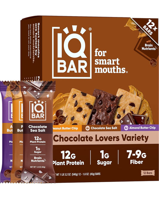 IQBAR Brain and Body Plant Protein Bars - Chocolate Lovers Variety - 12-Count - Keto, Vegan, High Fiber, Gluten Free, Dairy Free, Low Sugar Snack with Nutrients for Focus, Energy, Meal Replacement