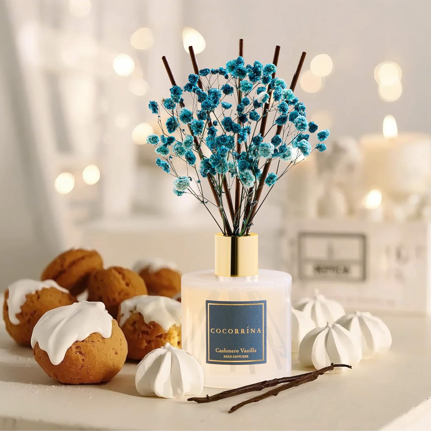 Cocorrína Premium Reed Diffuser Set with Preserved Baby's Breath & Cotton Stick Cashmere Vanilla | 6.7 fl oz Reed Diffuser for Bedroom Bathroom Home Décor