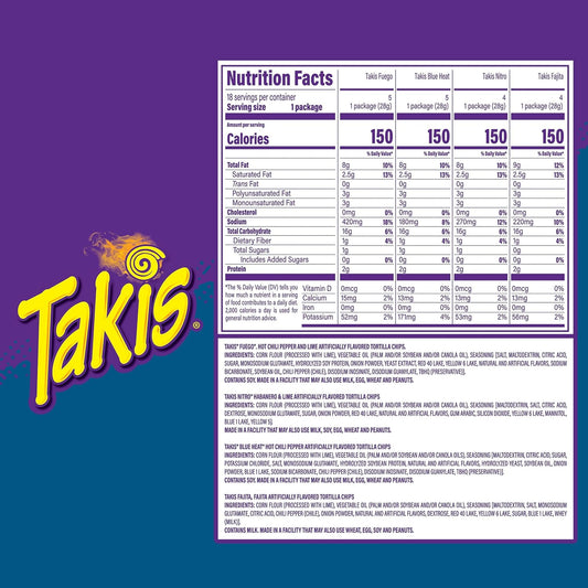 Takis 18 pc / 1 oz Variety Pack, Assorted Flavored Mixed Rolled Tortilla Chips – (5) Fuego, (5) Blue Heat, (4) Nitro, (4) Crunchy Fajitas