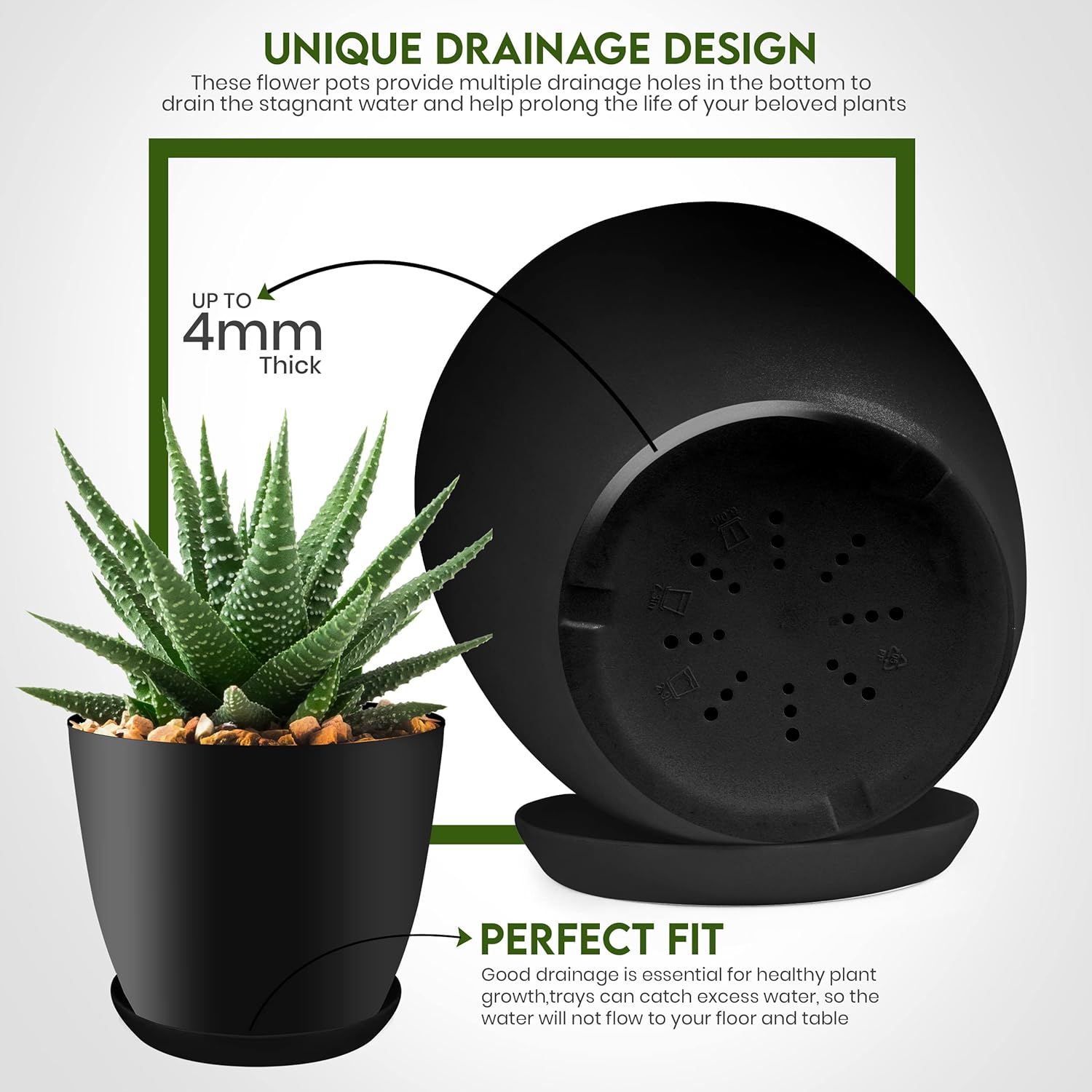 Utopia Home - Plant Pots Indoor with Drainage - 7/6.6/6/5.3/4.8 Inches Flower Pots for Indoor Planter - 5 Pack Plastic Planters - Ideal for Stocking Stuffers or Home Christmas Decorations - Black