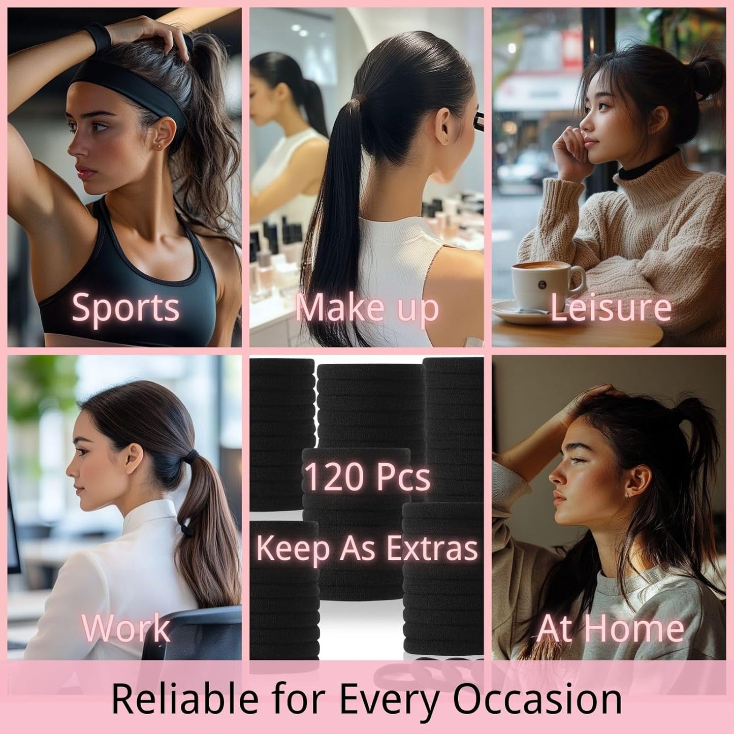 LuSeren 120PCS Black Hair Ties for Thick Hair – Seamless No Damage Elastic Ponytail Holders, Black Hair Band,Bulk Nylon Hair Elastics for Women