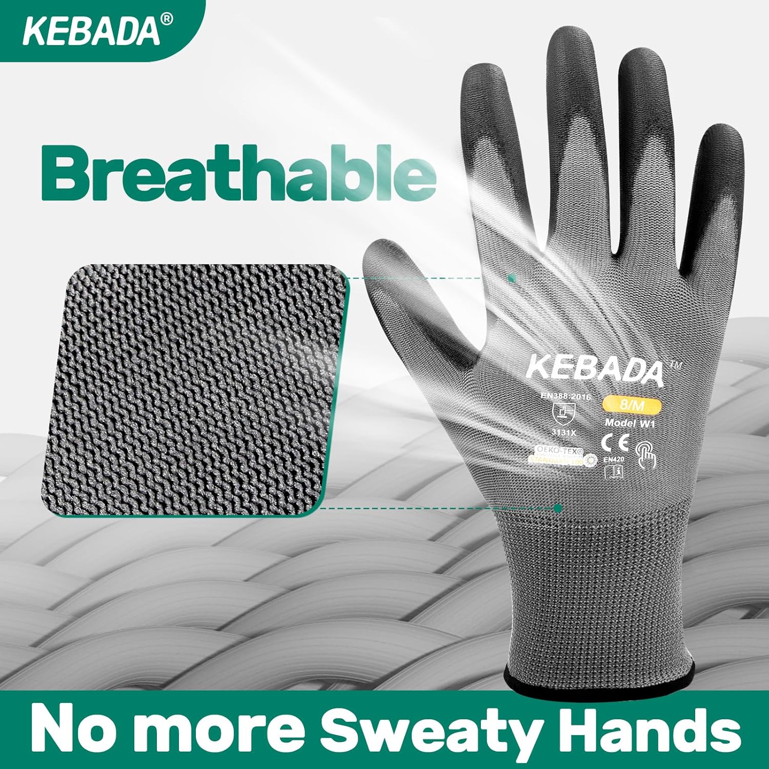Kebada W1 Work Gloves for Men and Women, PU Coated Safety Gloves with Grip, Touchscreen, Ideal for Warehouse Package Handling, Construction, Gardening, 12 Pairs Gray Large