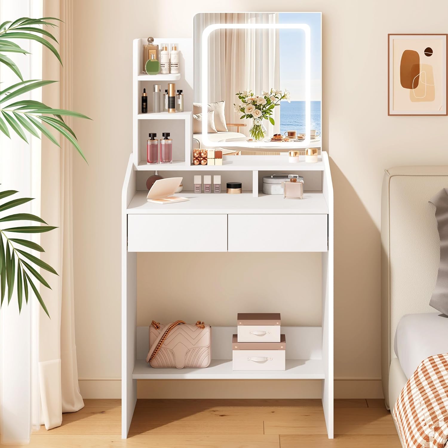 Small Makeup Vanity Desk with Lighted Mirror, White, 23.62" W x 15.74" D x 53.93" H (Smart LED Mirror, Open Shelves, 2 Drawers)