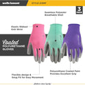 Wells Lamont Gardening Gloves for Women – Breathable Polyester, Seamless Fit – PU-Coated Palm for Grip & Durability – Elastic Wrist – Pink/Green/Purple, Medium, Pack of 3 (413MF)