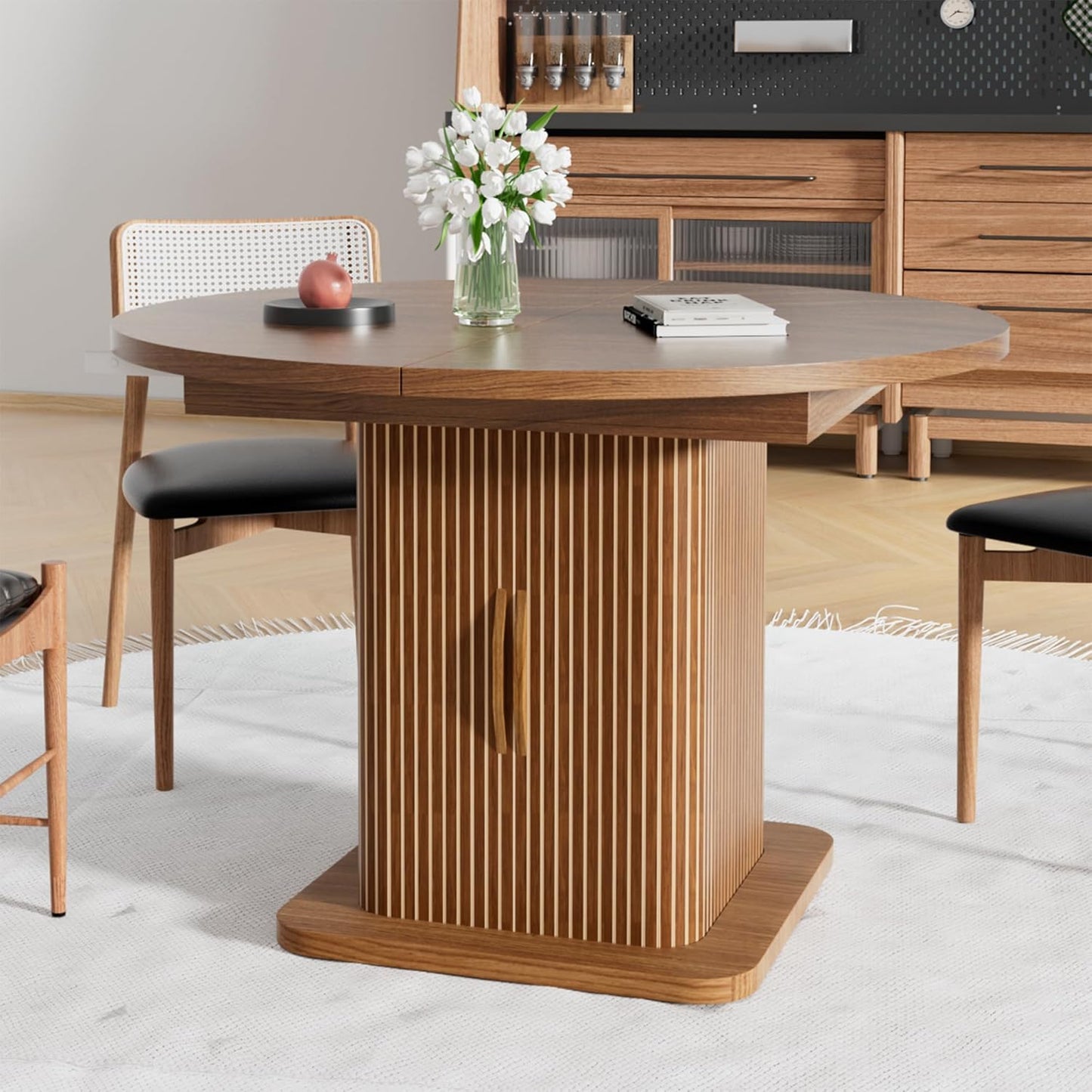 Extendable Round Dining Table for 4-6-8, 59 Inch Dining Room Kitchen Table with Storage, Fluted Wood Slide Door, Modern Oval Circle Dinner Furniture for Living Room, Farmhouse, Brown, Walnut