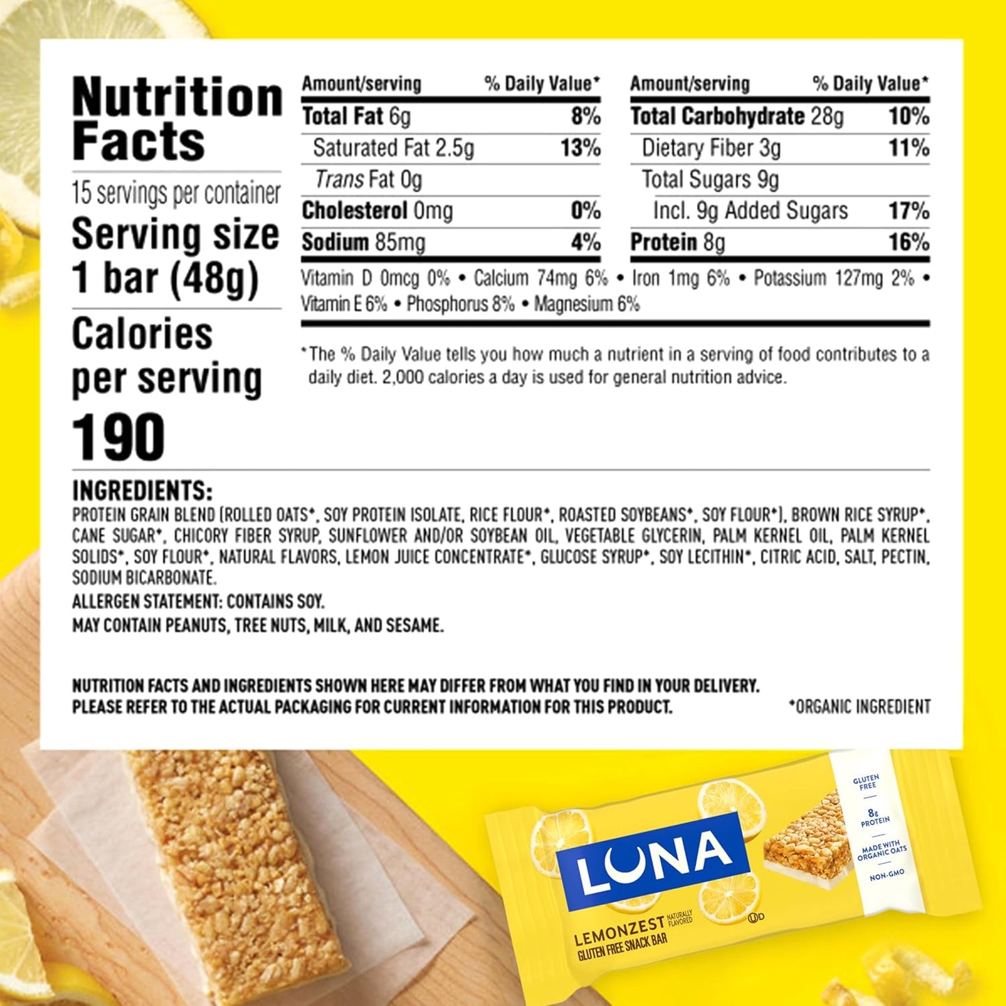 LUNA Bar - LemonZest Flavor - Gluten Free Snack Bars - Non-GMO - Protein Bars - Made with Organic Oats - Value Pack (12 Pack)