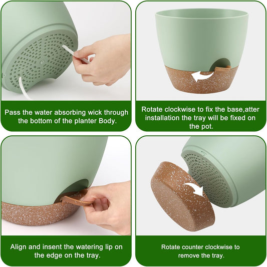 Plant Pots 10/9/8/7.5/7 Inch Self Watering Pots, Set of 5 Plastic Planters with Drainage Holes and Saucers,Plastic Flower Pots,Nursery Planting Pot for Indoor Out Door Plants（Green）