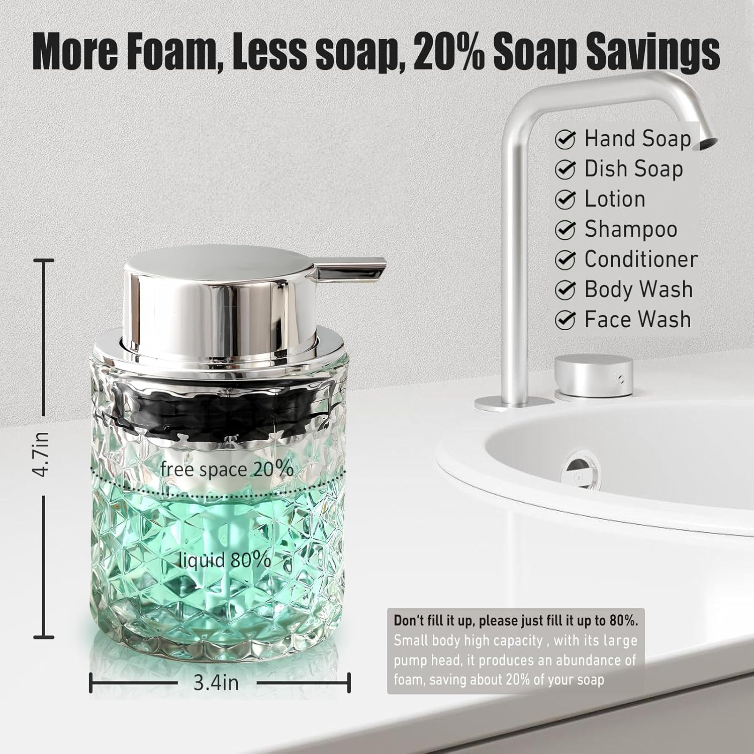 Malachi Foaming Hand Soap Dispenser, Refillable Clear Glass Pump Bottles for Liquid or Lotion, Modern Foam Dispenser for Bathroom, Kitchen, Commercial