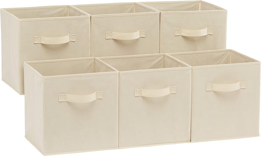 Collapsible Fabric Storage Cubes Organizer with Handles, Sturdy, Beige, 10.5-x-10.5-x-11-inch, Pack of 6