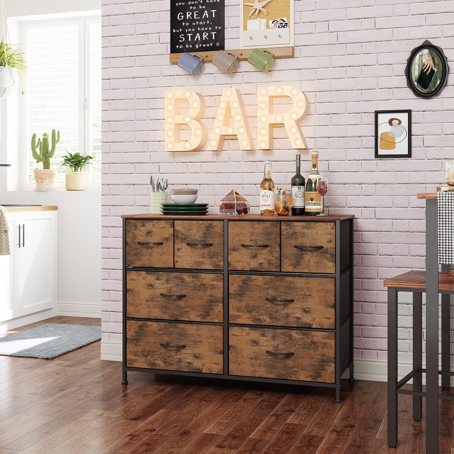 WLIVE Dresser for Bedroom with 8 Drawers, Wide Fabric Dresser for Storage and Organization, Bedroom Dressers, Chest of Drawers for Living Room, Closet, Entryway, Rustic Brown Wood Grain Print