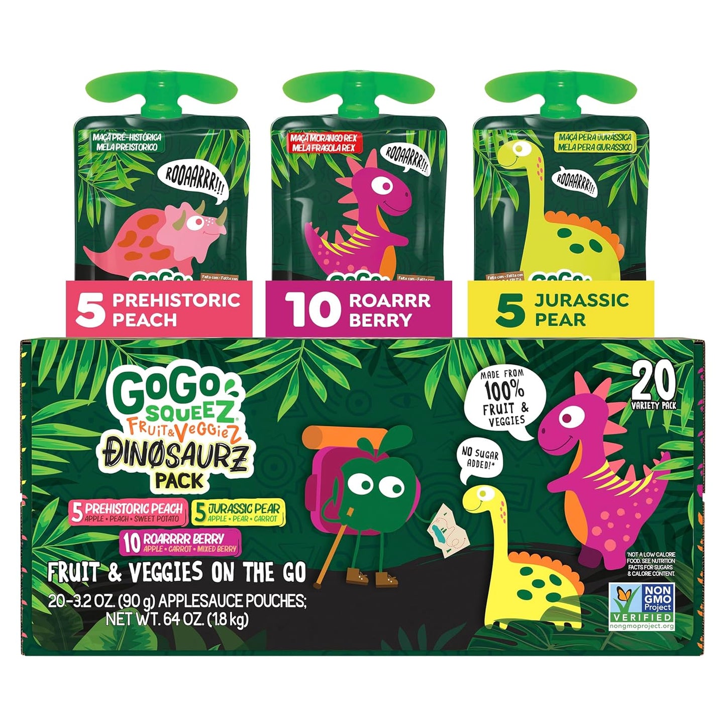 GoGo squeeZ Fruit & veggieZ Applesauce and Puree Variety Pack, Jurassic Pear, Roarrrr Berry & Prehistoric Peach, 3.2 oz (Pack of 20), Unsweetened Snacks for Kids, BPA Free Pouches