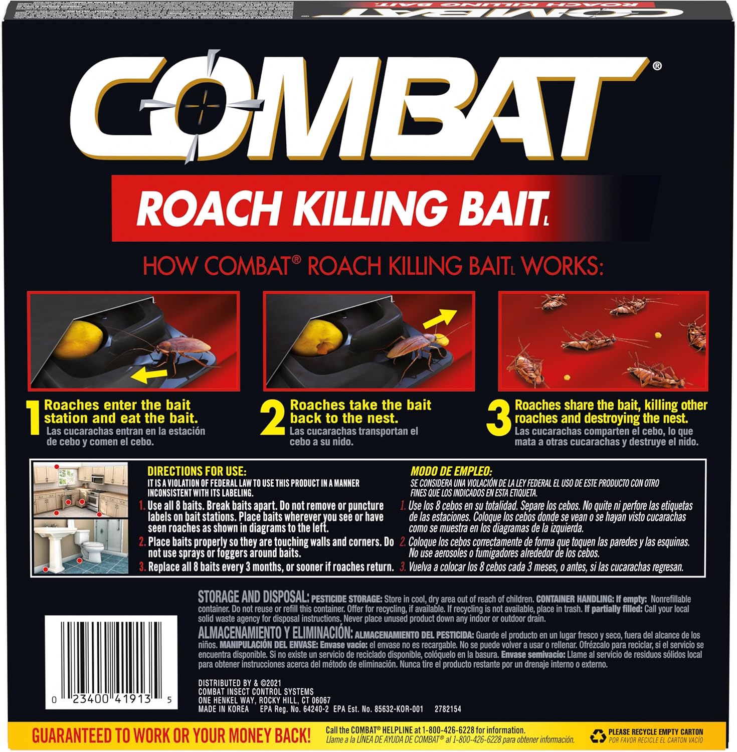 Combat Roach Killing Bait, Roach Bait Station For Large Roaches, Kills The Nest, Child-Resistant, 8 Count,Insects
