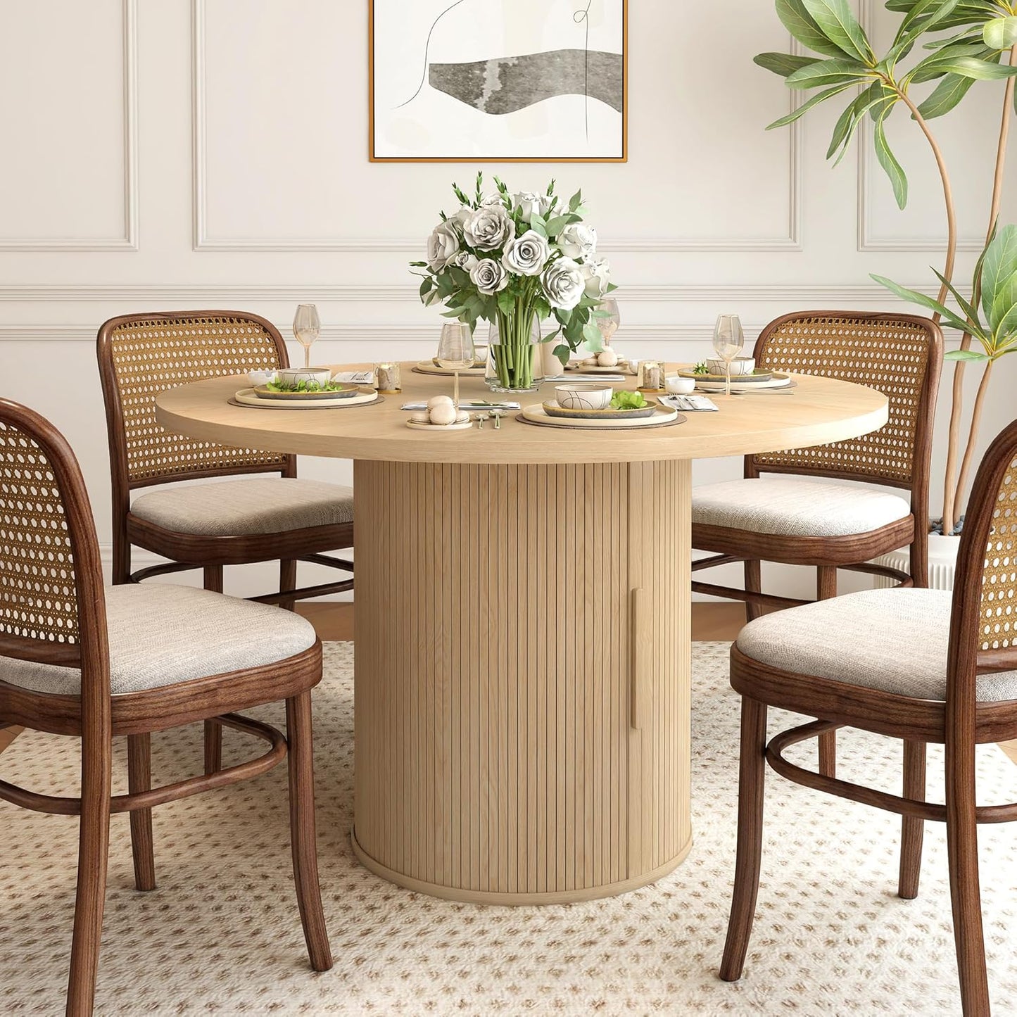 47 inch Round Dining Table for 4, Kitchen Table Dinner Table with 2-Layer Storage Shelf and Wood Slide Door for Home Dining Room Living Room (Natural)