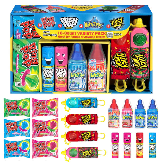 Candy Variety Pack, 18Ct Assorted Valentine's Candy Lollipops, Bulk Individually Wrapped Ring Pop, Push Pop, Baby Bottle Pop & Juicy Drop, Birthday Party Favors, Valentine's Gifts, Kids Goodie Bags