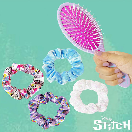 LUV HER Lilo & Stitch Hair Accessory 5 Pcs Set - 1 Regular 9 inch Stitch Hairbrush & 4 Scrunchies - Detangling Brush - Elastic Hair Ties Ropes for Girls, Ages 3+
