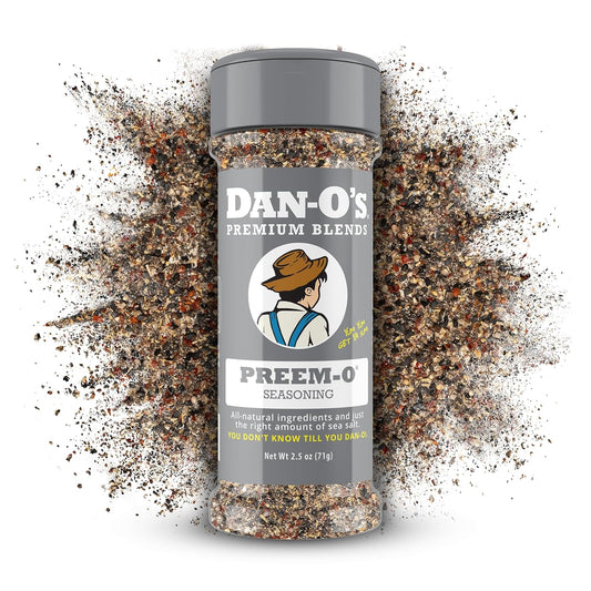 Dan-O's Preem-O Seasoning, 2.5 oz Bottle, Meat Seasoning for Steak, Ribs, Chicken, Brisket and More, Sugar Free, Zero Calorie, Use this Spice Blend to Craft a Marinade, Dry Rub or Sauce