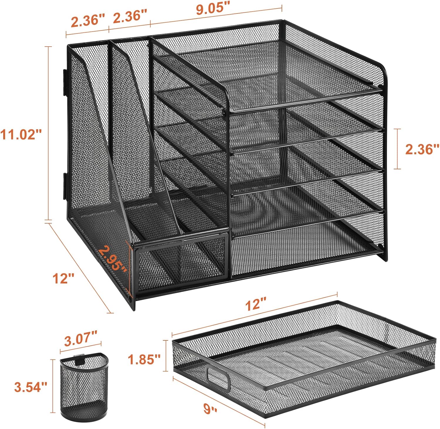 Marbrasse Desk Organizer with File Holder, 5-Tier Paper Letter Tray Organizer with Drawer and 2 Pen Holder, Mesh Desktop Organizer and Storage with Magazine Holder for Office Supplies(Black)