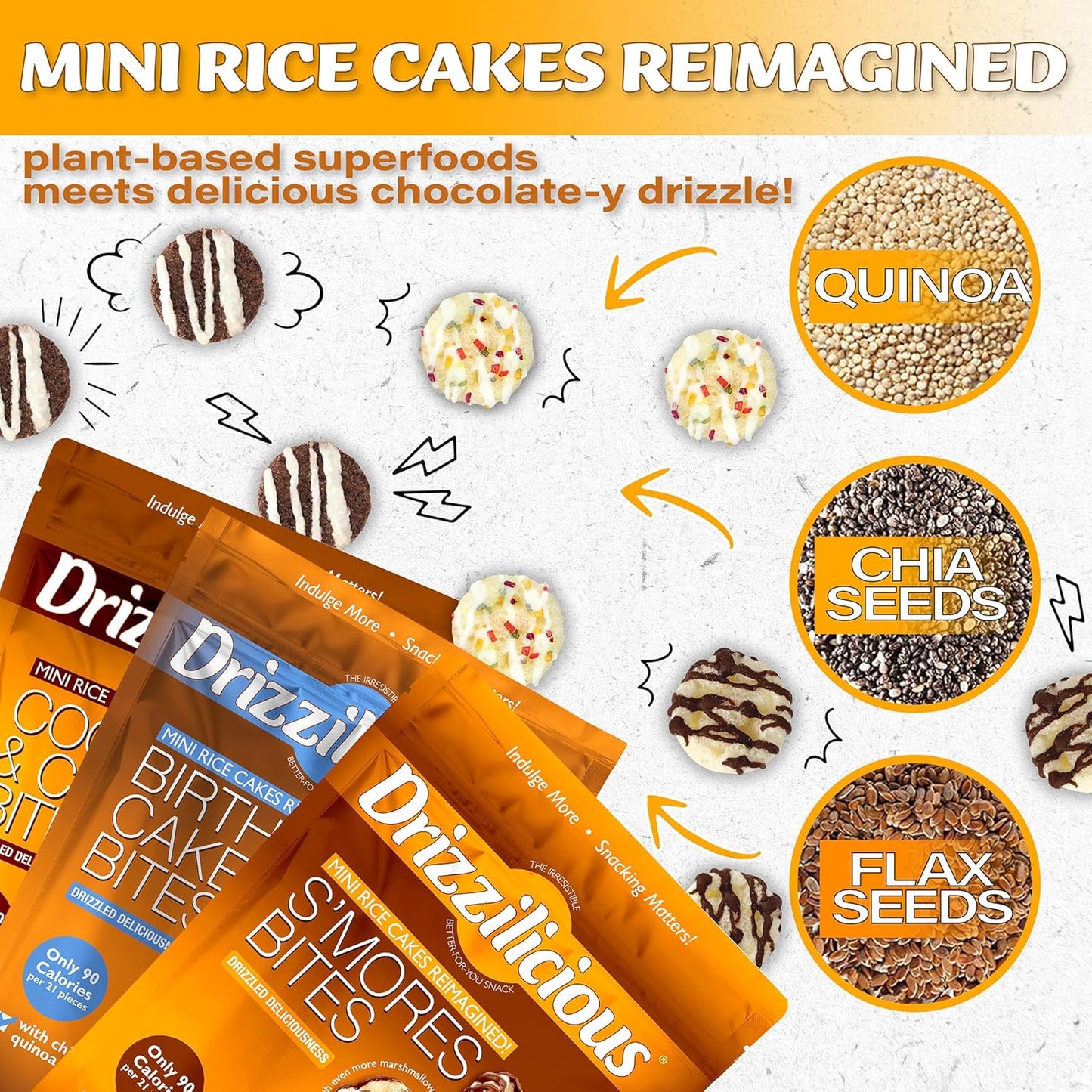 Drizzilicious Mini Rice Cakes Variety Pack - Rice Crisps, Healthy Snack for Adults and Kids, Flavored Rice Cakes, Vegan, Gluten Free, Allergen Free, Only 90 Calories Per Bag - 0.74 oz (Pack of 12)