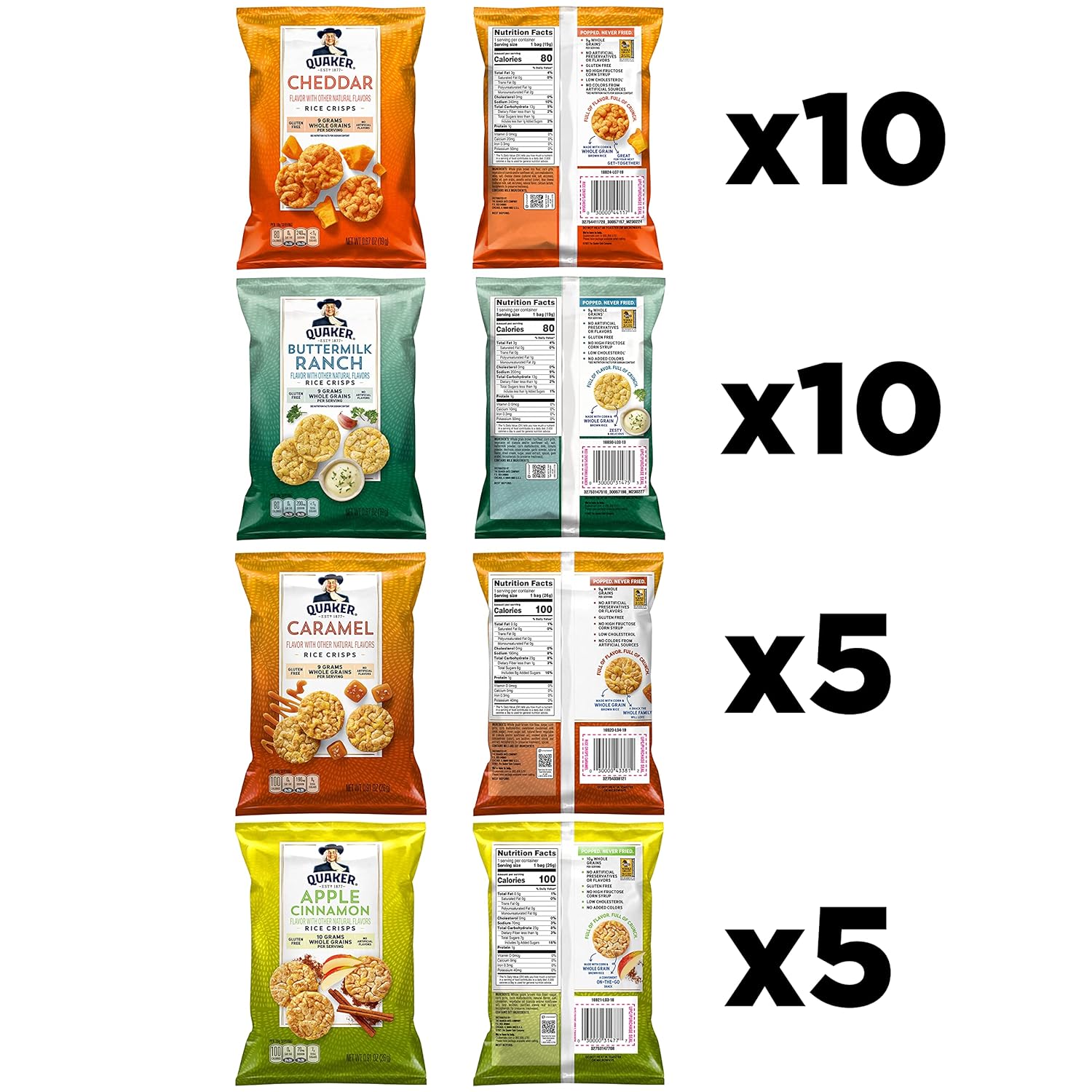 Quaker Rice Crisps, Gluten Free, 4 Flavor Sweet and Savory Variety Mix, Single Serve, 30 count