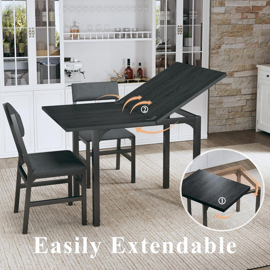 Dining Table Set for 4, Extendable Kitchen Table Cushion Chairs Set of 4, Rectangle Dining Table with Metal Frame & MDF Board, Folding for Small Apartment Saving Space, Black